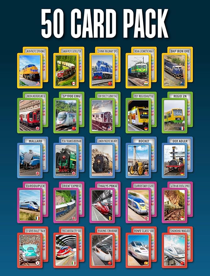 100 PICS Smart Cards Trains Card Game | 7 Games in 1 - Matching Pairs, Snap, Trumps, Rummy | Top Travel Game, Gift, Stocking Stuffer | for Adults, Kids, Boys, Girls | Age 5+, 1-8 Players