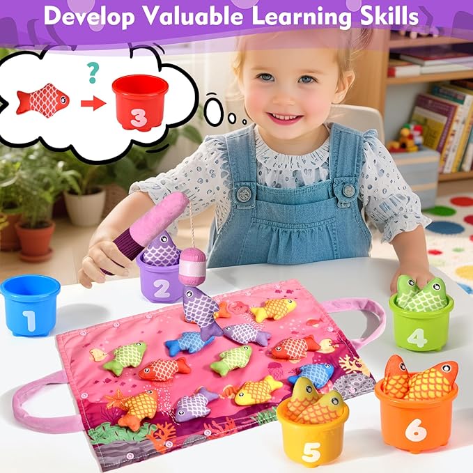 Montessori Toys for 1 Year Old Girl Gifts, 20PCS Pink Cloth Fishing Toy for Toddler 1-3, Fine Motor Skills Toy Sorting Learning Baby Toys 6-12-18 Months, One Year Old Girl Boy Birthday Gifts