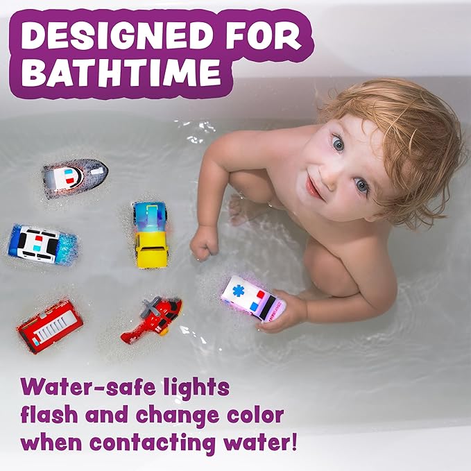 Tub Works® Emergency™ Cars Light Up Bath Toys, 6 Pack | Water-Activated Light Up Toys Flash & Change Color | Soft, Squeezable Baby & Toddler Bath Toys | Sensory Toys with Bath Lights for Kids Bath