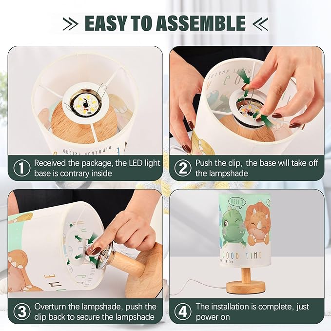 Table Lamp Watercolor Dinosaur Baby Pattern Nightstand Lamp with Wood Base Fabric Lamp Shade Bedside Desk Lamp for Living Room Bedroom Kids Room Office