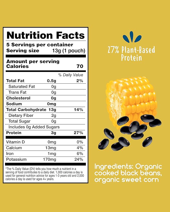 Amara Organic Baby Food - Stage 3 - Black Bean & Sweet Corn - Baby Cereal to Mix With Breastmilk, Water or Baby Formula - Shelf Stable Baby Food Pouches Made from Organic Veggies - 5 Pouches, 3.5oz Per Serving