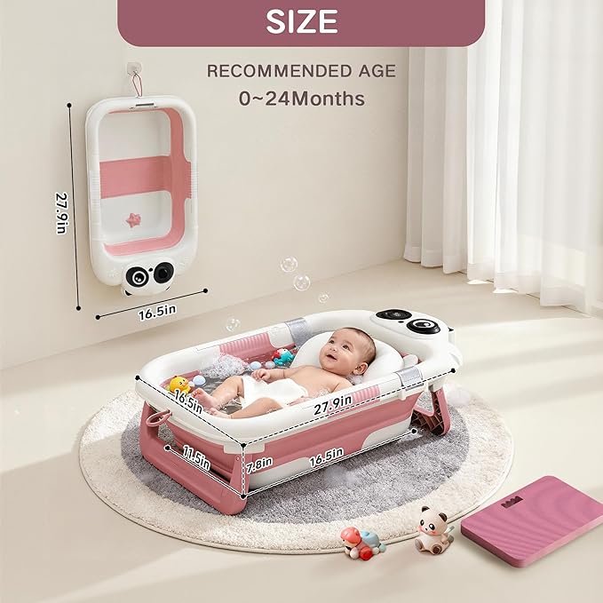 Collapsible Baby Bathtub for Newborn, Baby Bath Tub with Thermometer & Soft Floating Cushion & Drain Hole for Infant to Toddler, Portable Travel Bathtub with No-Slip Feet for 0-36 Months-Pink