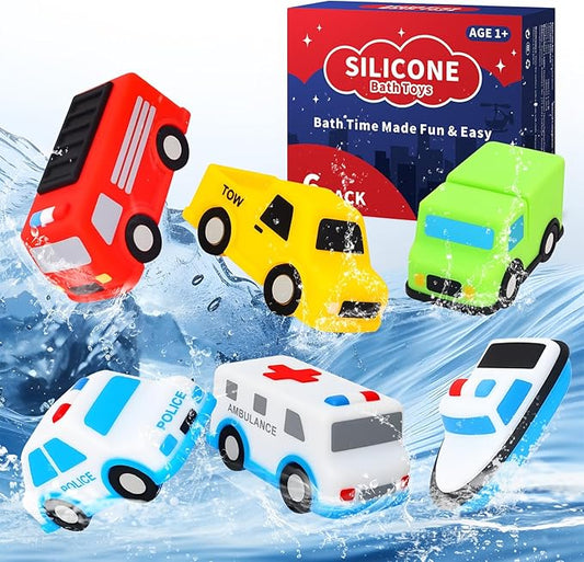 Silicone Cars Bath Toys for Toddlers, Christmas Birthday Gifts Age 1+, 6 Pack No Hole Bath Toys Design Keeps Moisture Out, Vehicles Play Set for Little Boys Girls Kids Christmas Stocking Stuffers