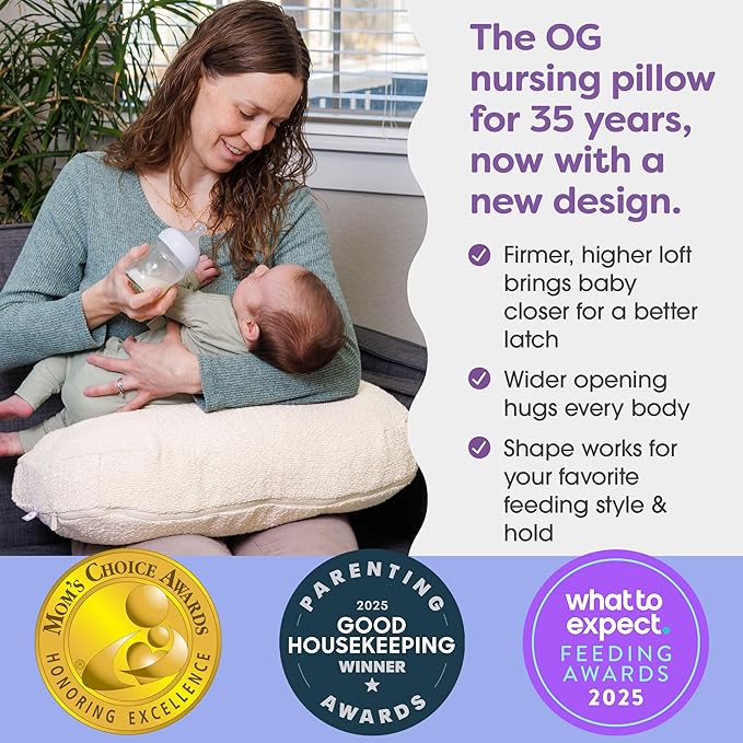 Boppy Nursing Pillow - Ergonomic Bottle & Breastfeeding Pillow with High, Firm, Large Area, Water-Repellent Cushion with Washable Cover; Baby Safety Alliance Verified - Oatmeal Boucle