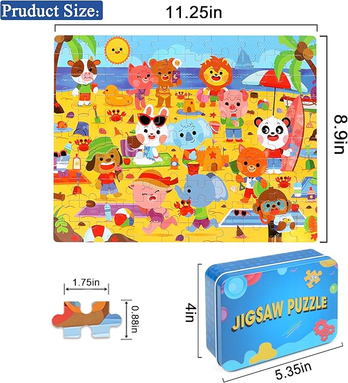 LELEMON Beach Animal Jigsaw Puzzles in a Metal Box 100 Pieces Beach Animal Party Jigsaw Puzzle for Kids Ages 4-8 Children Learning Educational Puzzles Toys