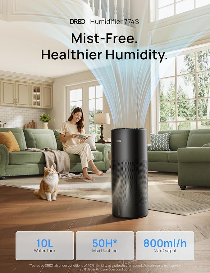 DREO Smart Evaporative Humidifier Large Room up to 1000ft², 800ml/h High Output Air Humidifiers for Bedroom, 10L, 50H Long Runtime with Precise Humidification for Plants, Home, Office, Black, HHM774S