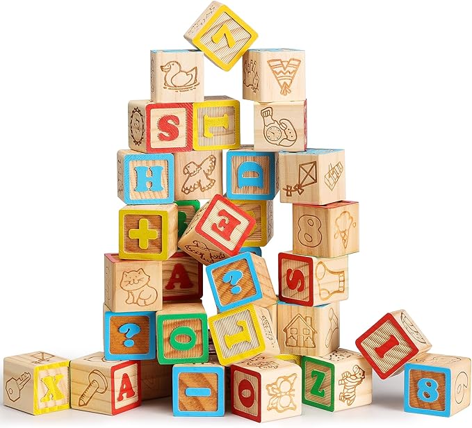SainSmart Jr. Wooden ABC Blocks 40PCS Stacking Blocks Baby Alphabet Letters, Counting, Building Block Set for Toddlers 1.2 Inch
