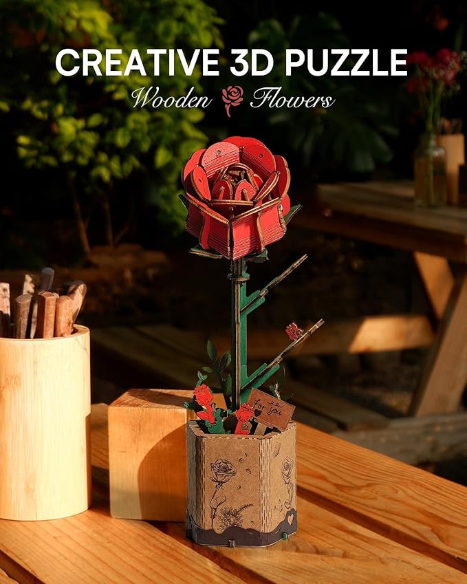 3D Flower Wooden Puzzles for Adults-Red Rose, DIY Wooden Flowers Model Kit Building Set Crafts for Adults to Build, Botanical Collection/Ideal Creative Gift Ideas/Housewarming (106PCS)