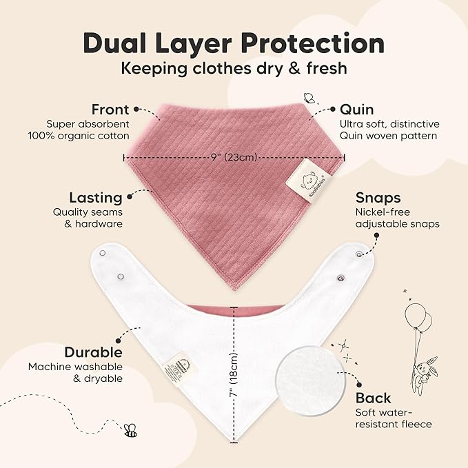 KeaBabies 8-Pack Bandana Bibs for Baby Girls, Boys - Organic Cotton Baby Bibs for Drooling & Teething Newborn, Toddler, Infant 0-36 months, Extra Soft, Absorbent Cloth with Snaps (Rosewood/Quin)