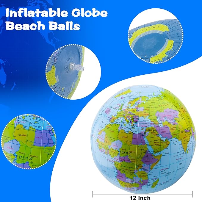 20 Pack Inflatable World Globe - 16 Inch Blow Up Earth Beach Ball for Summer Beach Party Favors