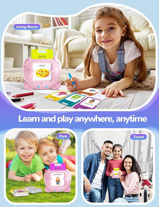 Spanish & English Talking Flash Cards for Toddlers, 510 Sight Words Bilingual Pink Educational Toys for Girls, Autism Sensory Speech Therapy Toys, Española Pocket Vocabulary Learning for Kids
