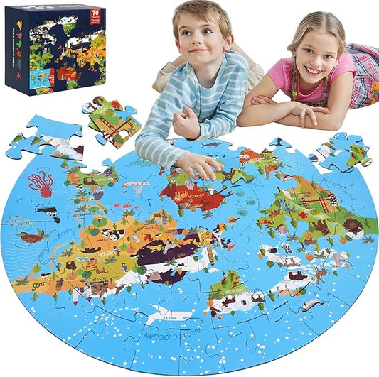 70 Piece World Map Jigsaw Puzzle for Kids 4-8, Large Round Floor Puzzles for Kids Ages Toddler Puzzle Globe Geography Games Educational Toys Birthday for Children (World Map)
