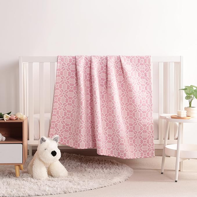 NTBAY 3 Layer Oversized Muslin Cotton Toddler Blanket, 45x60 Inches Jacquard Reversible Nursery Bed Blanket, Super Soft and Thermal Crib Blanket for All Seasons, Baby Gift, 45"x60", Pink Clover
