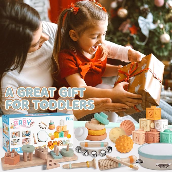 Montessori Baby Toys for 1 Year Old, Wooden Musical Instruments for Toddlers 1-3, Infant Sensory Teether, Stacking Toy Shape Sorter, Neutral Color Educational Birthday Gift for Kids 3+ (8 IN 1)