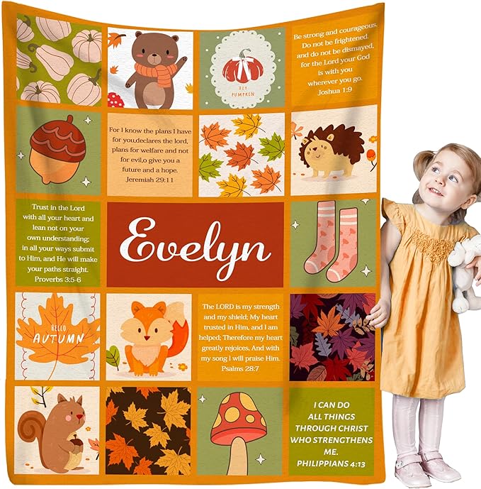 Custom Name Fall Blanket Autumn Soft Cozy Harvest Blanket for Verse Blankets with Inspirational Thoughts and Prayers Religious Boys Girls Kids Adults Halloween Christmas Birthday Christian Gifts