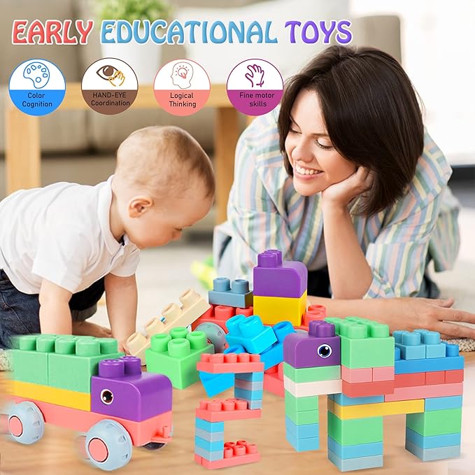 Baby Soft Blocks Set, Big Building Block Toys, Soft Rubber Blocks for Babies 6 Months and Up STEM Educational Toddler Gifts, Baby Soft Blocks Sensory Stacking Toys, 80PCS