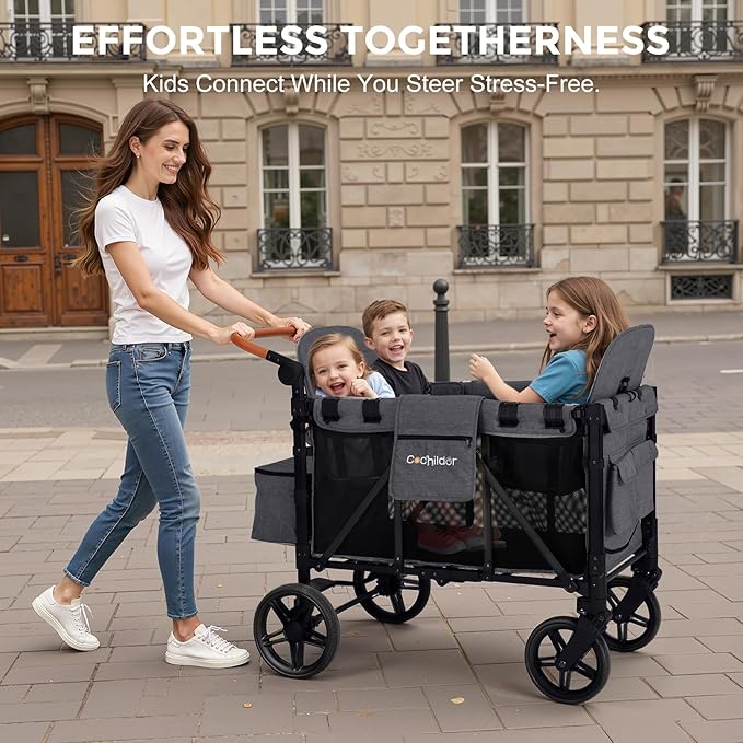Elite 4-Seater Wagon Stroller for 2-4 Kids, One-Hand Fold, High Seats with 5 Point Harness, Adjustable Handle & Canopy, Dark Gray