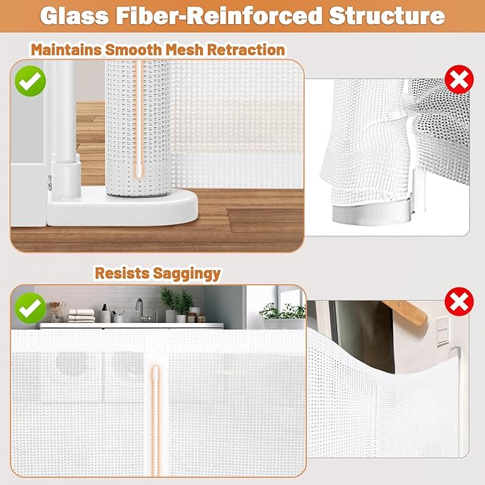 120" Extra Wide Retractable Baby Gates Mesh Gate, Long Retractable Dog Gate for Large Opening, 42" Extra Tall Child Safety Gate Pet Gate with Support Rods for Stairs Hallways Doorways Indoor Outdoor