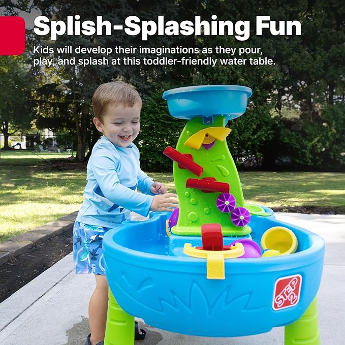 Step2 Rain Showers Splash Pond Water Table with Cover, Kids Water and Sand Activity Sensory Playset, Summer Outdoor Toys, 13-Piece Water Toy Accessories, for Toddlers 1.5+ Years Old, Blue & Green