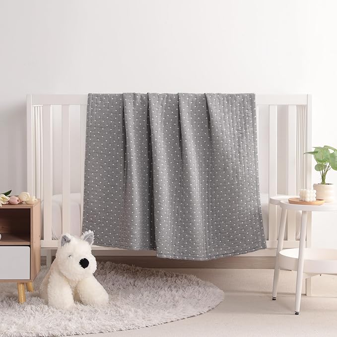 NTBAY 3 Layer Toddler Blanket, Muslin Cotton Jacquard Bed Blankets, Lightweight Thermal Baby Blanket, Super Soft and Warm Crib Blanket for All Seasons, Decoration Gift, 30"x40", Grey Dot