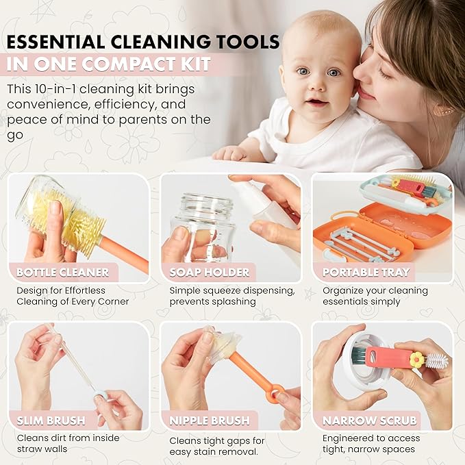 10-in-1 Baby Bottle Cleaner Brush Set – Travel-Friendly Kit with Silicone Bottle Cleaning Brush, Nipple & Straw Brushes, Soap Dispenser, Baby Bottle Drying Rack, Portable Bottle Cleaning Kit