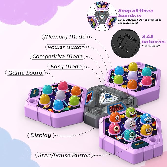 3-Player Whack Game Mole Toy for Ages 3+, Early Learning Toy with Lights & Sounds, Interactive Pounding Hammer Toy with 3 Game Modes, Perfect for Families with Multiple Kids of Different Ages