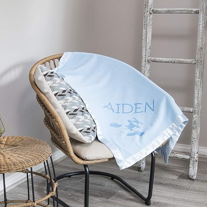 Custom Catch Ships Next Day - Vermont Workshop - Personalized Airplane Baby Blanket - Boy Name Gift - Blue or Pink (1 Text LIne)