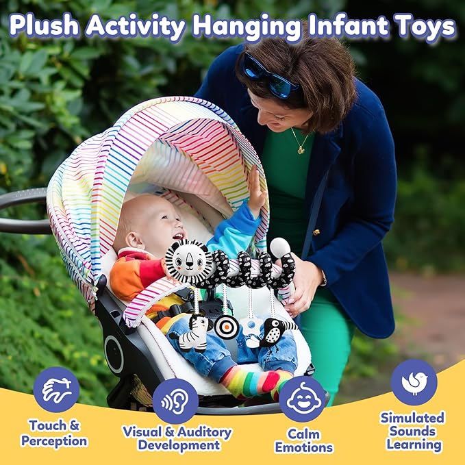 Baby Carseat Toy Black & White Rattle Spiral Hanging Activity Stroller Toy for Newborns Boys and Girls - Lion