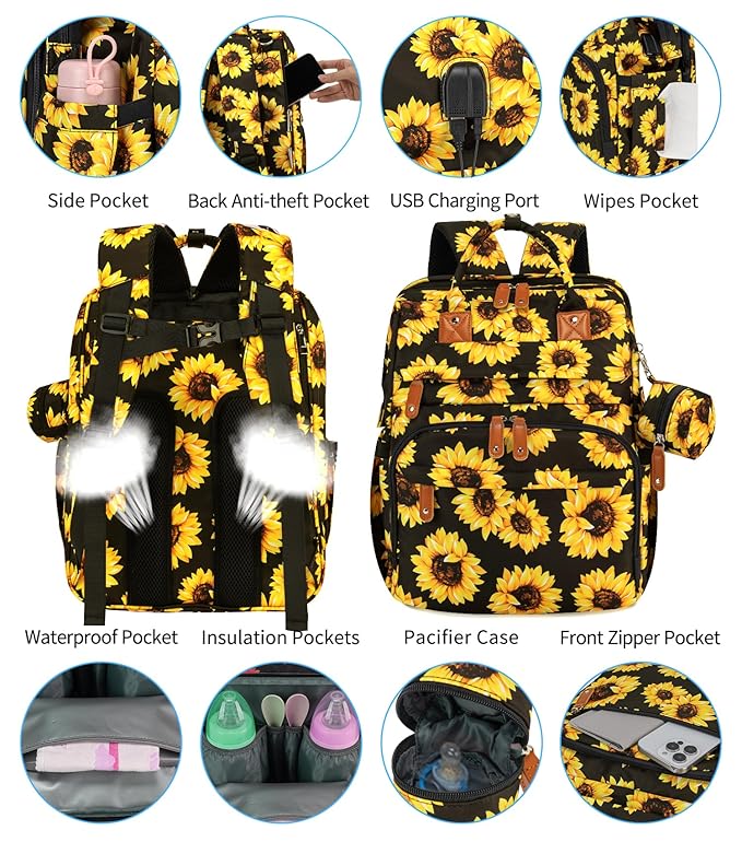 KABAQOO Diaper Bag Backpack with Detachable Changing Station, Large Capacity Baby Diaper Bags for Boys & Girls, Baby Registry Search Stuff & Shower Gifts, Newborn Essentials Must Haves, Sunflower