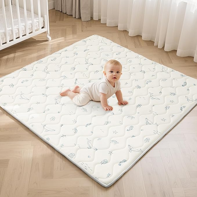 Play Mat for Baby, Soft Foam Floor Pads, 47"x47" Tummy Time Play mat for Infant and Toddler, Portable Foldable Puzzle Mat for Nursery, Outdoor Yard or Playpen (Ocean Ivory)