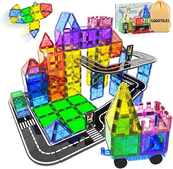 Magnetic Tiles Road Set with Car Kits, Magnetic Building Blocks Sensory Toys for Kids Ages 3-5 4-8, STEM Educational Toddlers Toys, Ideal Birthday&Christmas Gifts for 3+ Years Old Boys and Girls