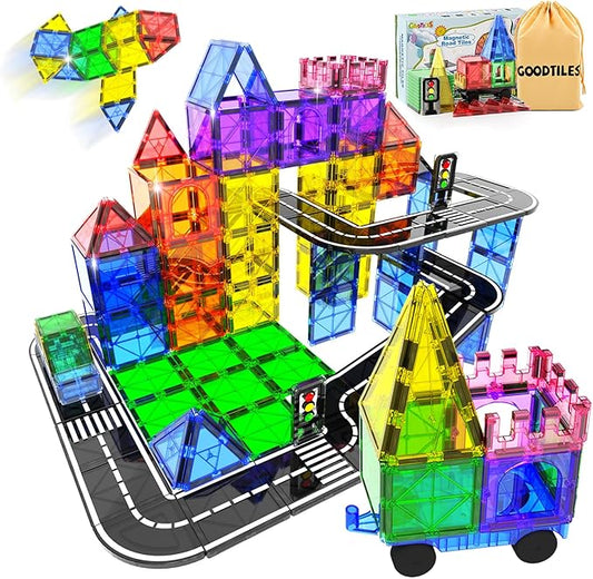 Magnetic Tiles Road Set with Car Kits, Magnetic Building Blocks Sensory Toys for Kids Ages 3-5 4-8, STEM Educational Toddlers Toys, Ideal Birthday&Christmas Gifts for 3+ Years Old Boys and Girls