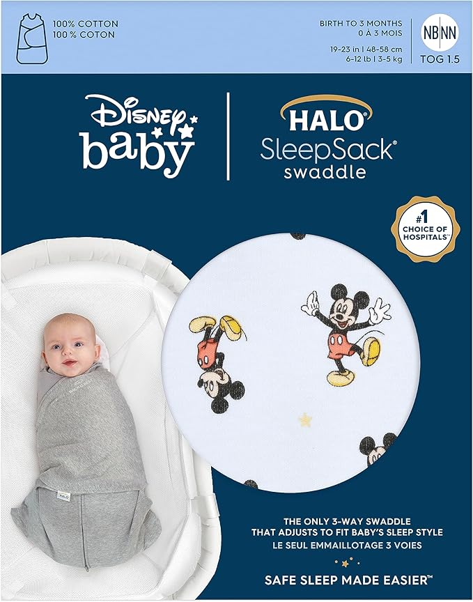 HALO Disney Baby 100% Cotton Sleepsack Swaddle, 3-Way Adjustable Wearable Blanket, TOG 1.5, Mickey Fun, Small, 3-6 Months
