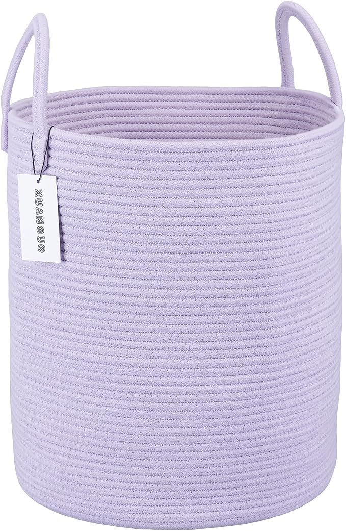Rope Laundry Basket Hamper for Clothes Woven Storage Basket for Living Room Bedroom Boho Tall Rope Baskets for Blanket Toys Pillow Towels Baby Nursery Hamper Bin Large purple or lavender