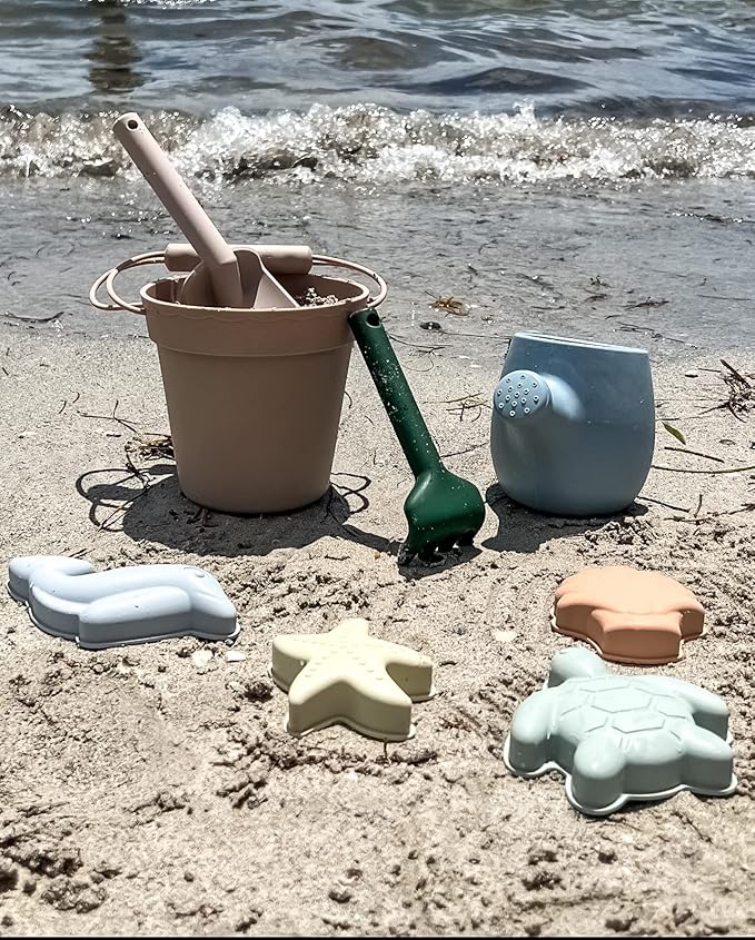 Silicone Beach Toys - Beach Bucket Set with Shovel, 4 Sand Molds - Travel-Friendly Kids Sand Toys in Net Carrying Bag - Safe Baby Sand Toys - Dishwasher-Safe (Light Green)