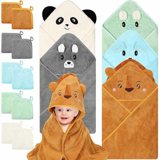 15 Pcs Baby Bath Towels- 5 x Hooded Baby Towels and 10 x Baby Washcloths Set, 32 x 32 Inch Hooded Toddler Towel Bath Blanket Absorbent Hooded for Toddler Infant Newborn Shower Gift for Boys & Girls