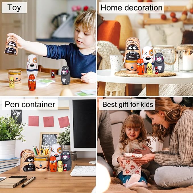 Russian Nesting Dolls, 5 Pcs 6 "Tall Animal Nesting Easter Eggs Toys, Stacking Wooden Handmade Matryoshka Dolls for Kids Toddlers Birthday or Home Decoration Gift (Cute Dog)