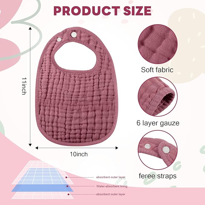 Tallew 8 Pack Muslin Burp Cloths and Baby Bibs for Boy Girl 20" x 10" Cotton Baby Bandana Drool Bibs Muslin Burp Cloths Absorbent Rag for Newborn Toddler Infant Gifts(Dark Pink)