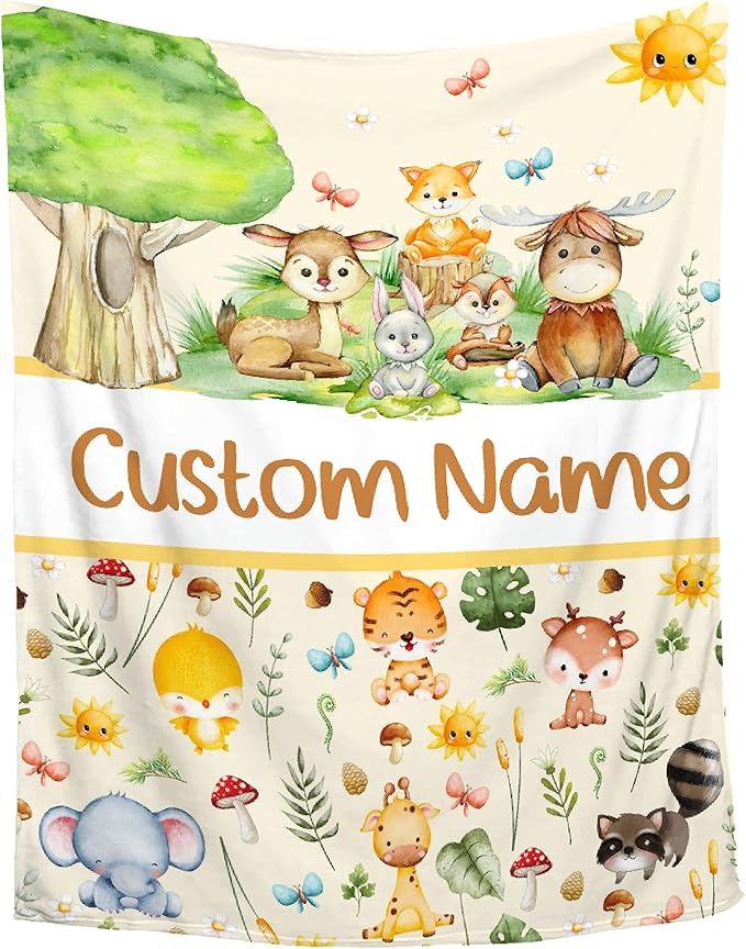Personalized Baby Blanket with Name for Girls Boys - Custom Swaddle for Toddlers, Infants, Newborns - Animals Theme Nursery, Stroller, Crib Decor - Shower, Birthday Gift