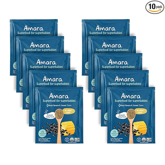 Amara Organic Baby Food - Stage 3 - Black Bean & Sweet Corn - Baby Cereal to Mix With Breastmilk, Water or Baby Formula - Shelf Stable Baby Food Pouches Made from Organic Veggies - 10 Pouches, 3.5oz Per Serving