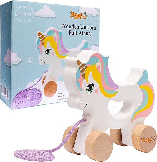 Wooden Unicorn Push & Pull Along Toy Developmental Montessori Toddler Pull Toys Improves Balance Strength Confidence for Infants Develop Cognitive Skills Baby Toddlers 18 Month Pull Toy