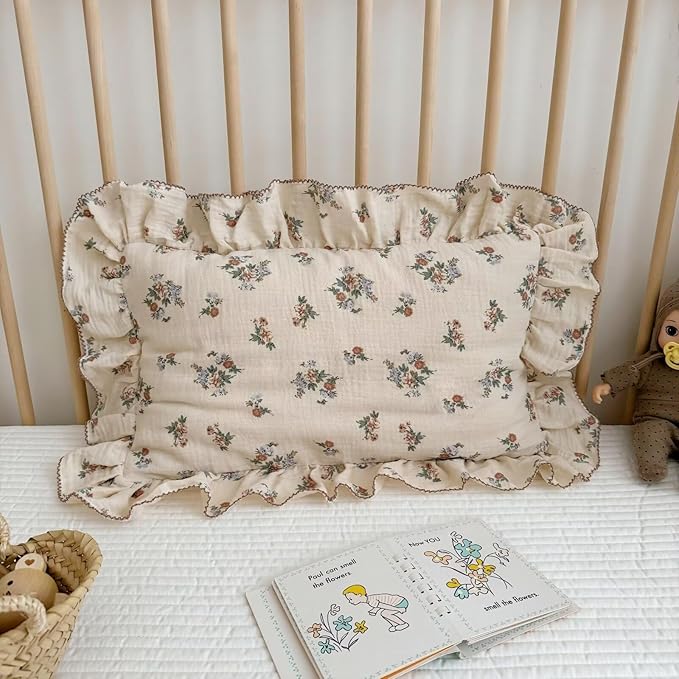 BuLuTu 2 Layers Muslin Toddler Pillowcases Fits for Crib Cot Cradle, Cotton Floral Pillow Cases for 1 2 3 4 5 6 Years Old Girls Boys, Envelope Travel Toddler Pillow Cover Protector with Ruffles