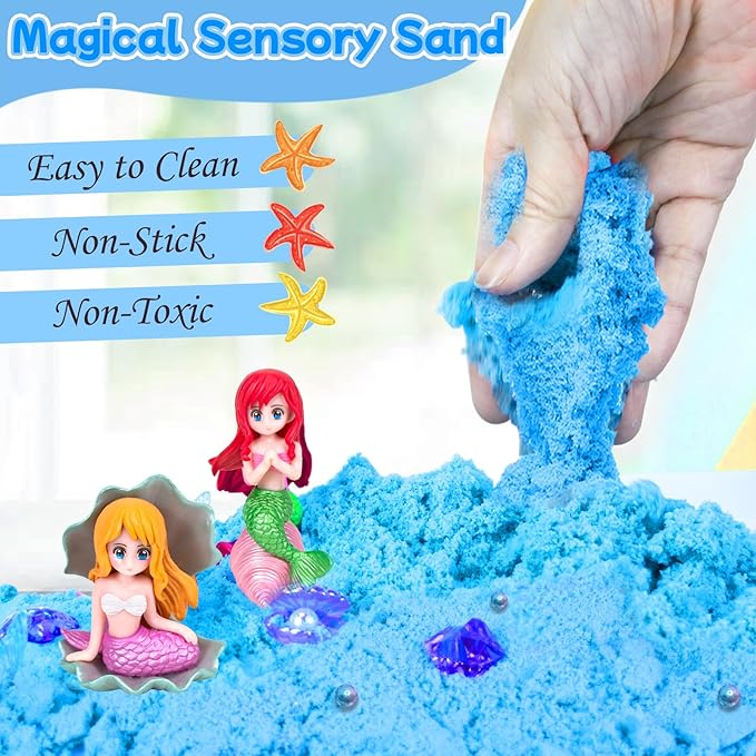 Sensory Bins for Toddlers,Sensory Toys Play Sand Art Kit with Sandbox & Sand Castle Molds & Tools,Indoor Outdoor Beach Toys for Boys and Girls Christmas Birthday Gift (Mermaid Paradise)