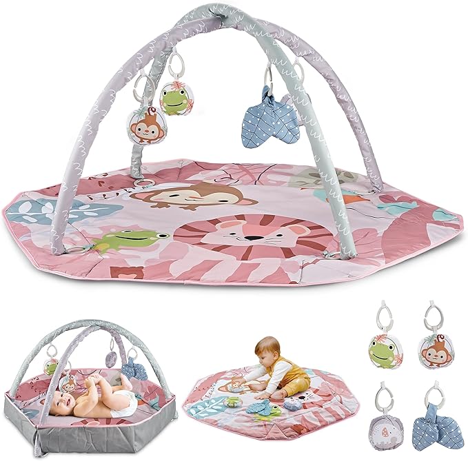 Henry & Colin Baby Activity Play Gym Mat with Hanging Toys, Soft Padded Mat, Sensory Development Play Area for Newborns and Infants, Convertible Play Center for Tummy Time and Fun Learning (Pink)
