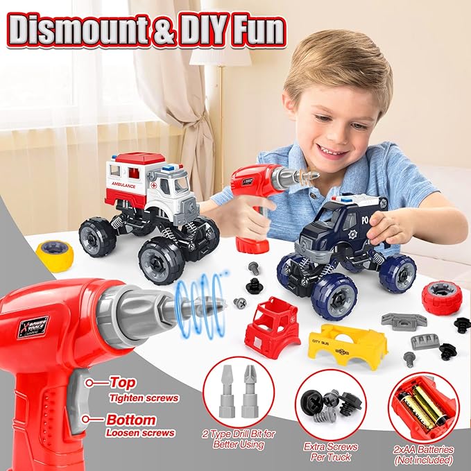 LUDILO Kids Boys Toys Age 4-6 5-7 6-8: 4 PCS DIY Assembly Building City Bus Ambulance Police Car Toy Fire Truck with Electric Drill, Stem Learning Toys Gifts for 3 4 5 6 7 8 Year Old Boys Girls Kids