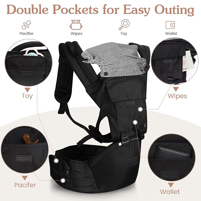 Baby Carrier Newborn to Toddler, 6-in-1 Baby Carrier with Hip Seat Lumbar Support 7-45lbs, Baby Soft Carrier for All Seasons & Positions, Adjustable Size for Shopping Hiking Travelling Black
