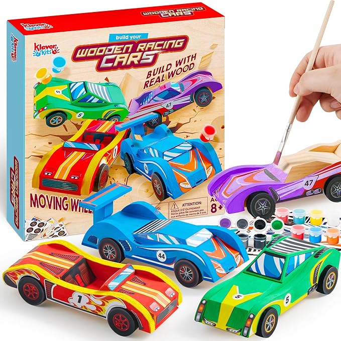 Klever Kits 4 DIY Wooden Race Cars-Build & Paint Your Own Wood Craft Kit, 4 Race Cars Toy, Easy to Assemble Arts Crafts Kit, Birthday Party Presents for Kids Boys and Girls