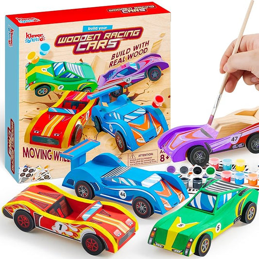 Klever Kits 4 DIY Wooden Race Cars-Build & Paint Your Own Wood Craft Kit, 4 Race Cars Toy, Easy to Assemble Arts Crafts Kit, Birthday Party Presents for Kids Boys and Girls
