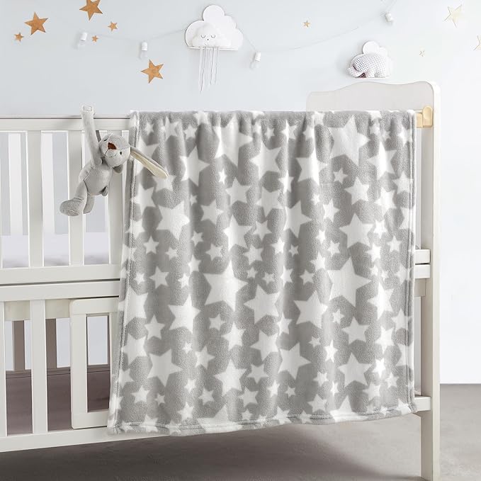 CREVENT 30"X40" Cozy Soft Warm Fleece Baby Blanket for Girls Boys, Newborn Essentials for Infant, Baby Shower Receiving Gift - Star Grey 75X100cm + Hugging Bunny