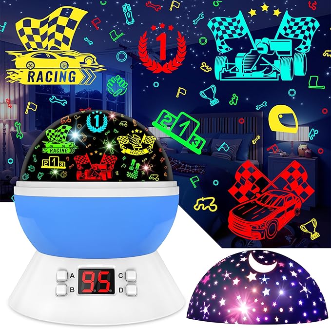 Cars Night Light for Boys - Rotating Projector Lamp with Race Car - Star Projector for Kids Age 3-8 - Ceiling Nightlight Projector with Cars and Stars - Birthday Gifts for Boys Room Decor